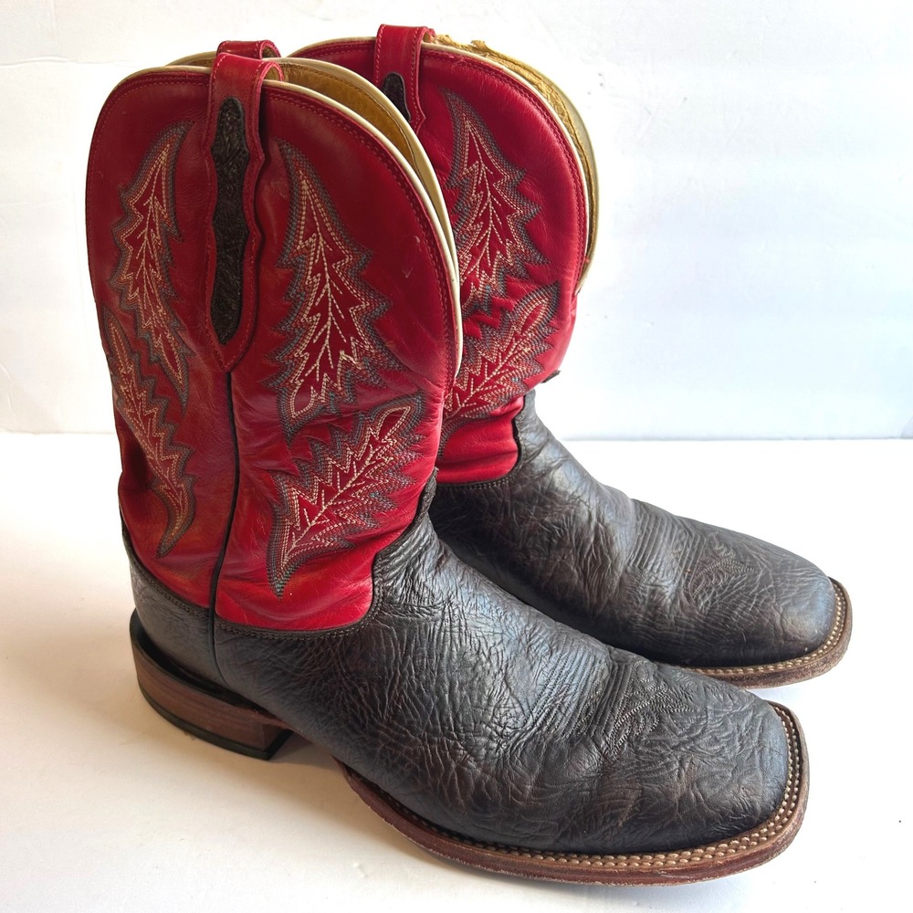 VTG Tony Lama San Saba Cowboy Boots Men 12 EE Brown Red Square Toe Bullhide 6313
